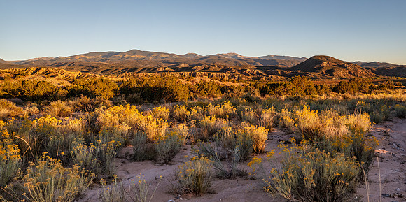 Chamisas in Chimayó Sunset Panoramic